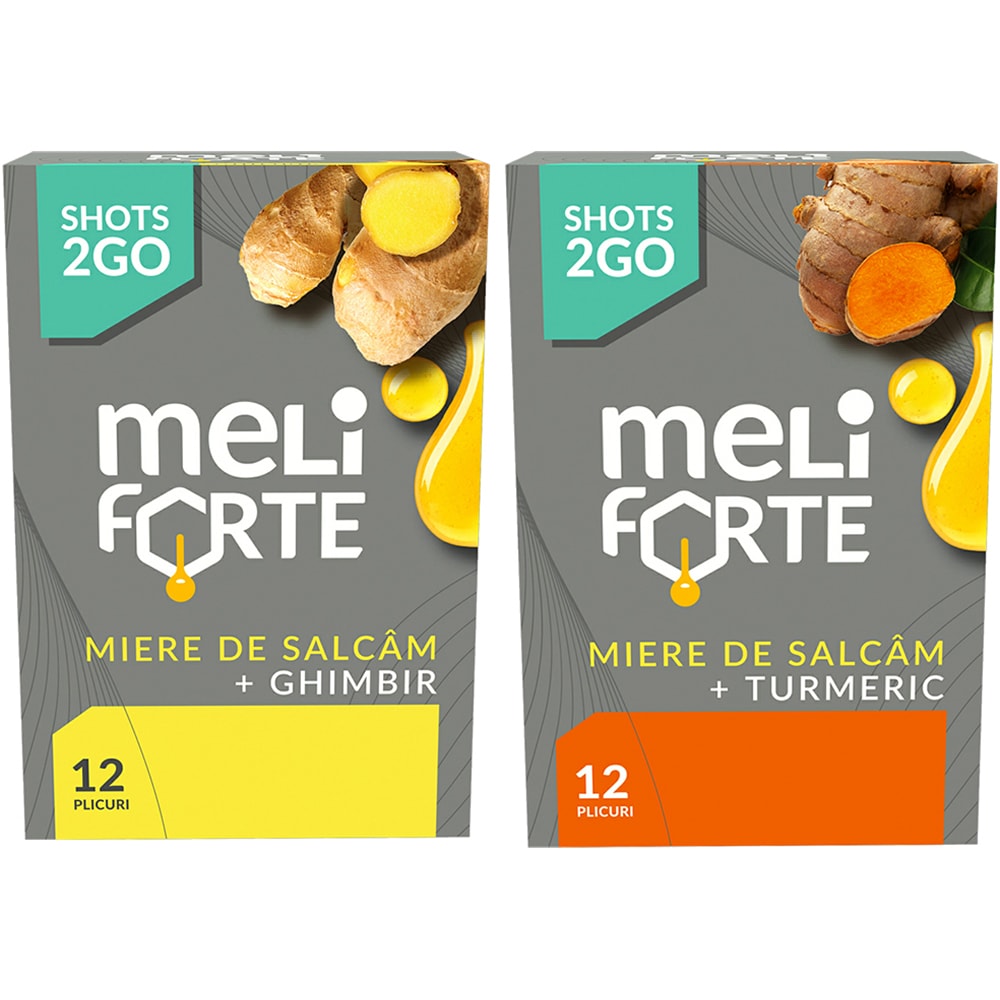Pachet Miere de salcam si ghimbir x 12 plicuri + Miere de salcam si turmeric x 12 plicuri, MELIFORTE