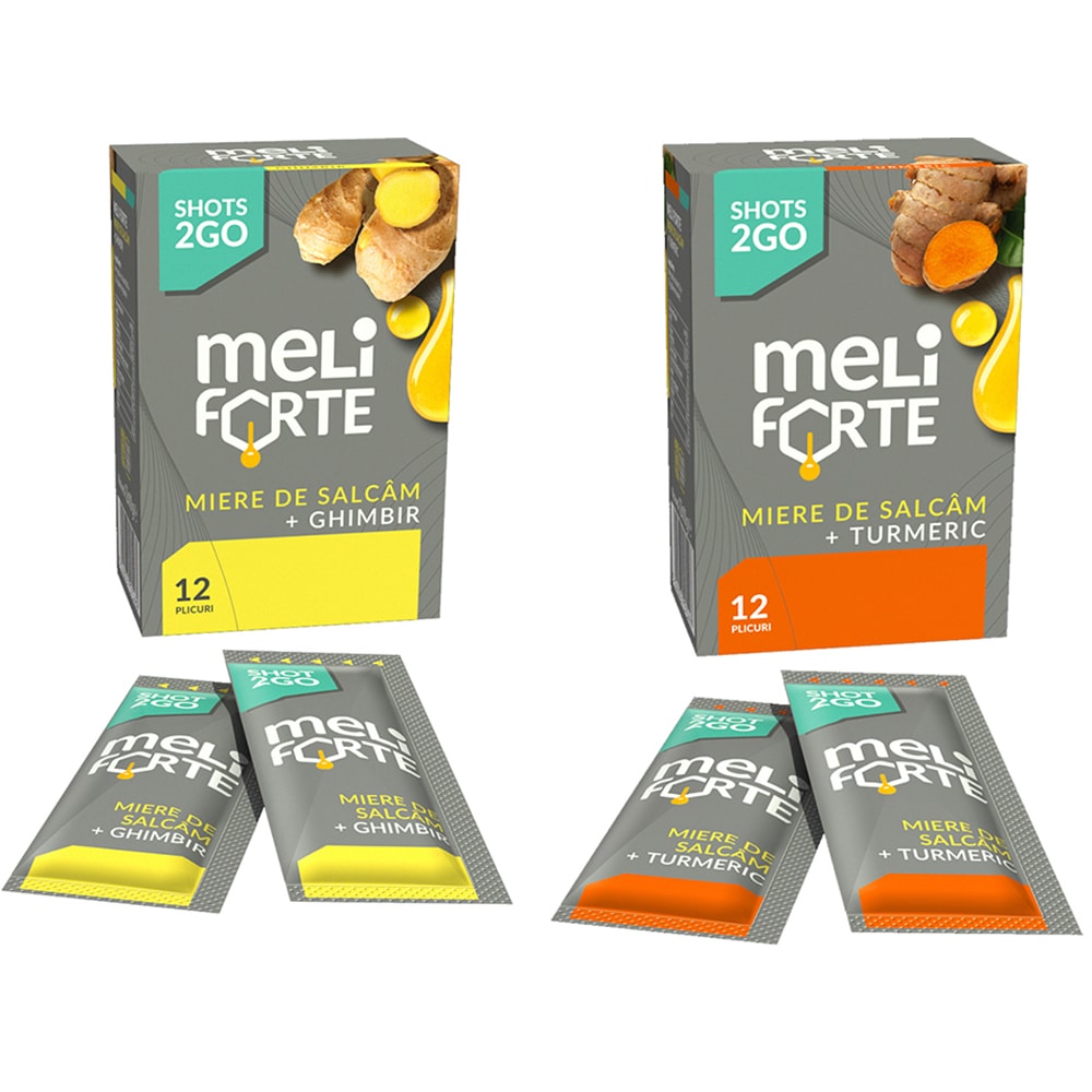 Pachet Miere de salcam si ghimbir x 12 plicuri + Miere de salcam si turmeric x 12 plicuri, MELIFORTE
