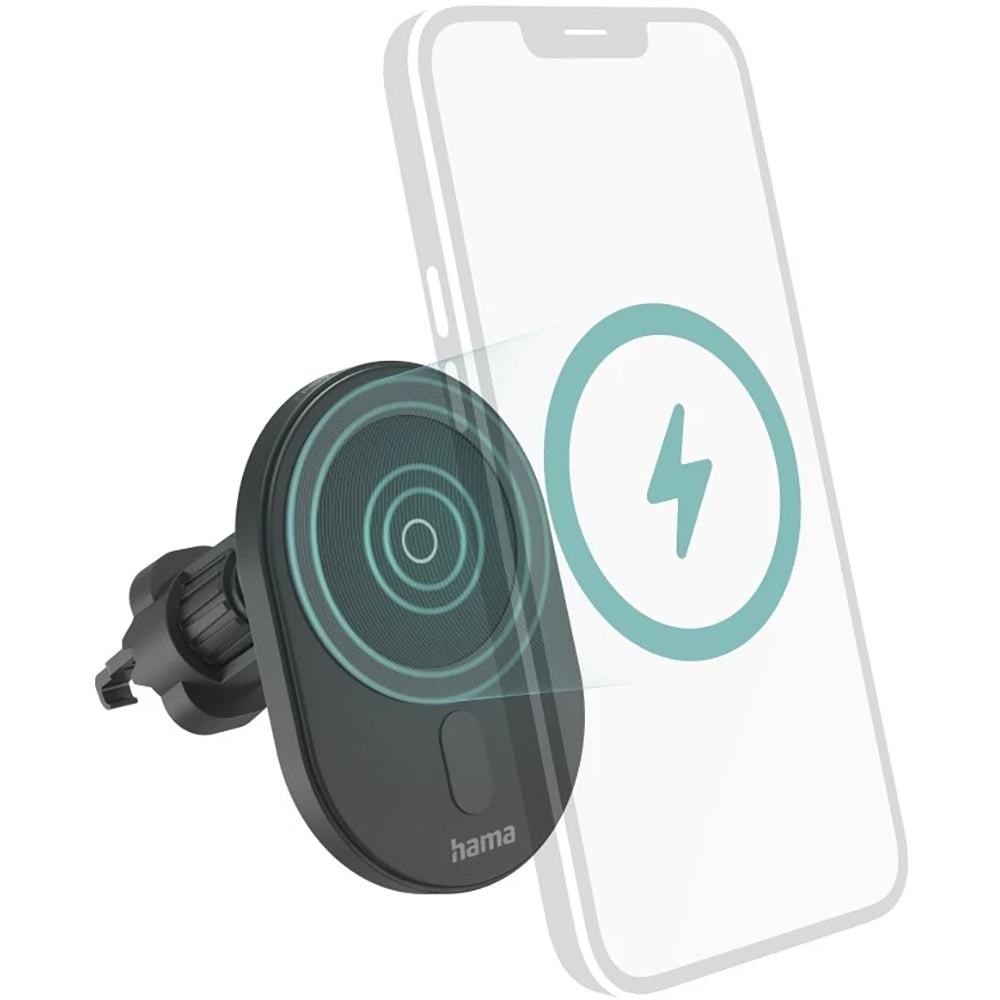 Suport auto cu incarcare wireless HAMA MagCharge Car FC15 201676, ventilatie, adaptor+cablu USB-C, negru