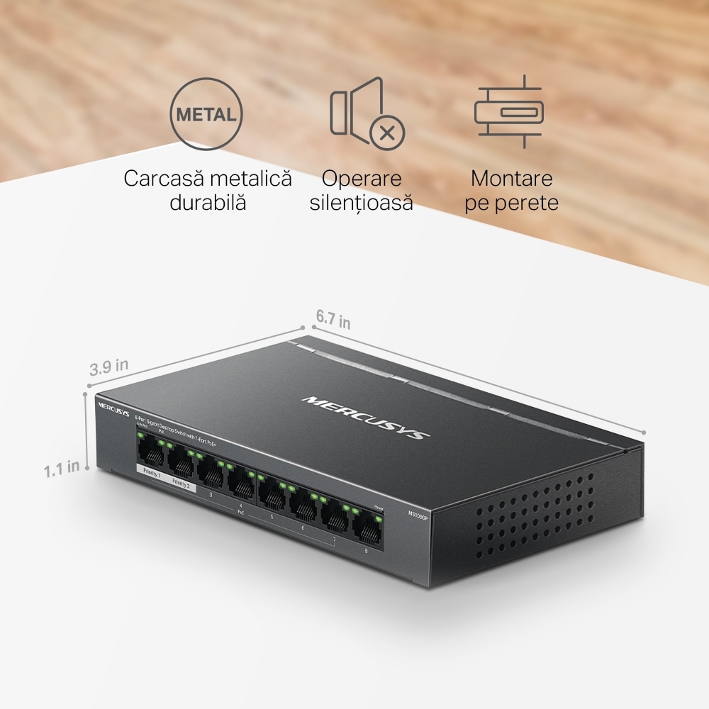 Switch MERCUSYS MS108GP, 8 porturi Gigabit, negru