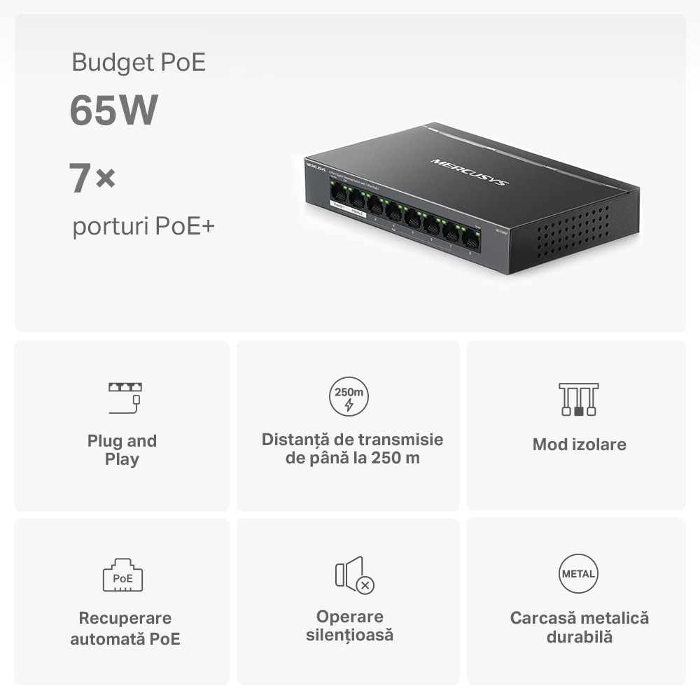 Switch MERCUSYS MS108GP, 8 porturi Gigabit, negru