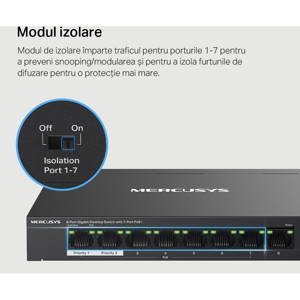 Switch MERCUSYS MS108GP, 8 porturi Gigabit, negru