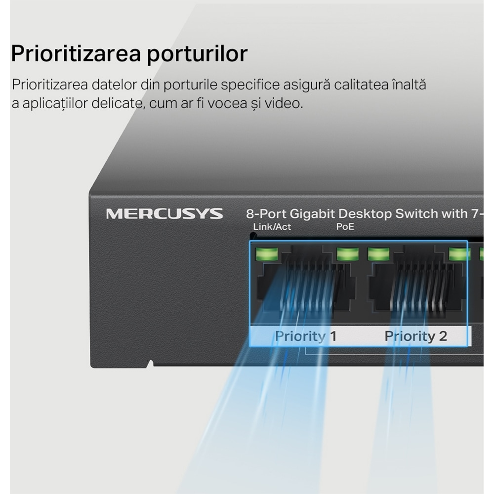 Switch MERCUSYS MS108GP, 8 porturi Gigabit, negru