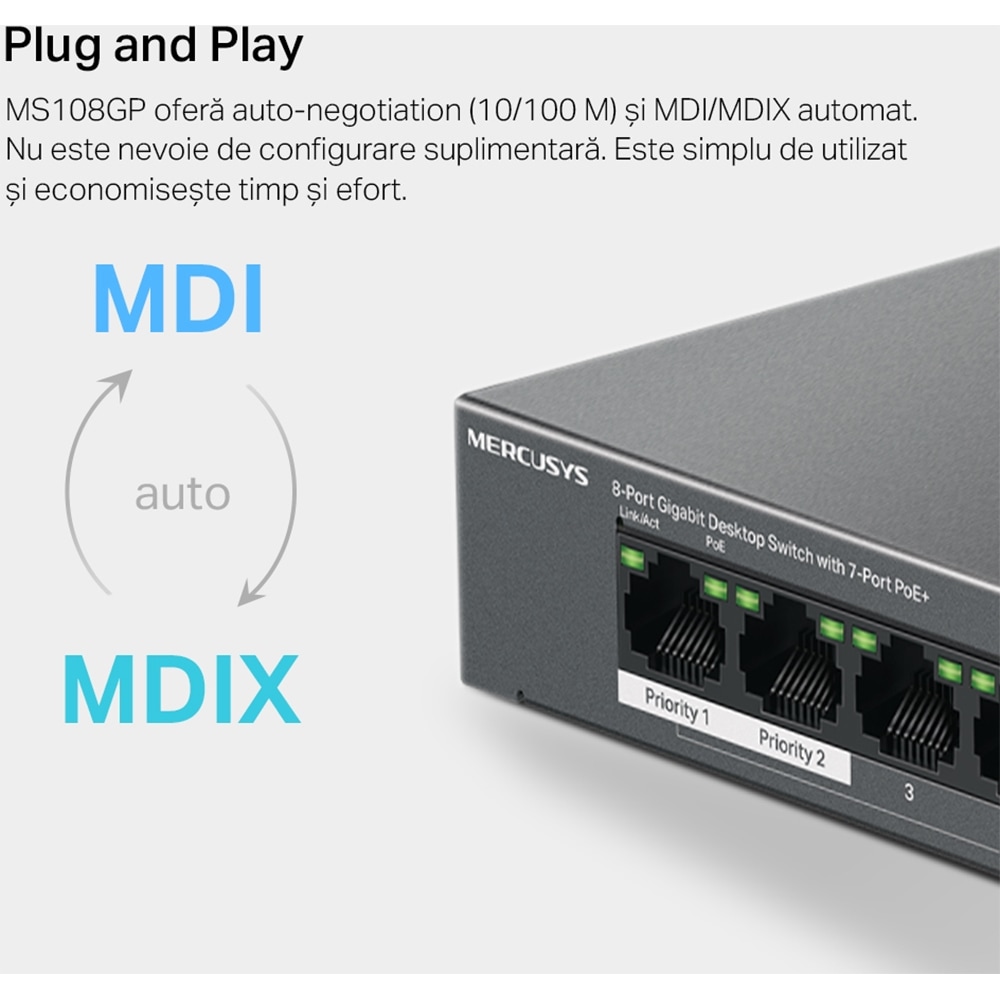 Switch MERCUSYS MS108GP, 8 porturi Gigabit, negru