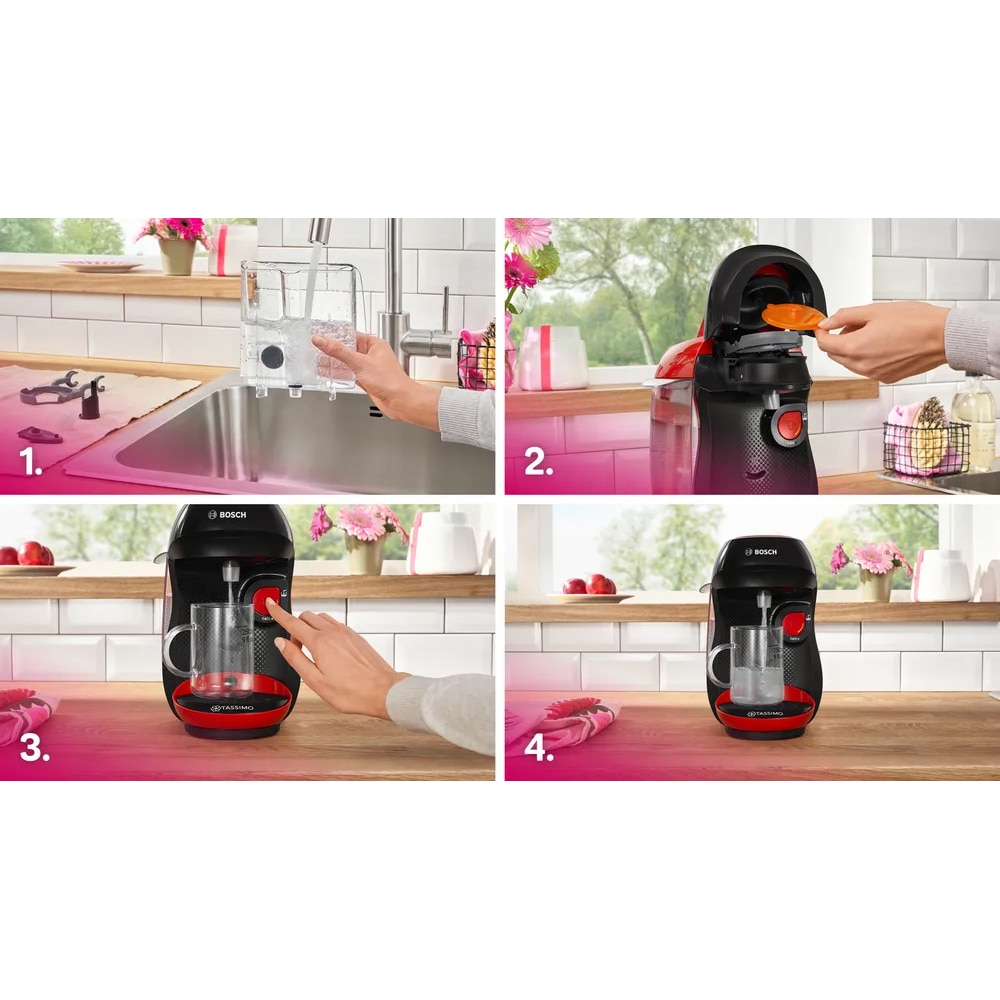 Espressor capsule BOSCH Tassimo Happy Friendly TAS103E, 0.7l, 1400W, rosu-negru 