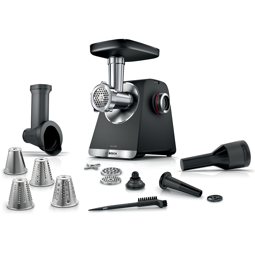 Masina de tocat carne BOSCH Seria 6 MultiPower MFWS640B, 3.5kg/min, 2100W, accesoriu carnati, negru-argintiu