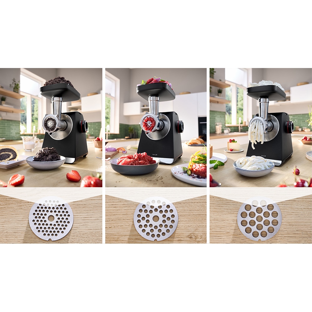 Masina de tocat carne BOSCH Seria 6 MultiPower MFWS640B, 3.5kg/min, 2100W, accesoriu carnati, negru-argintiu
