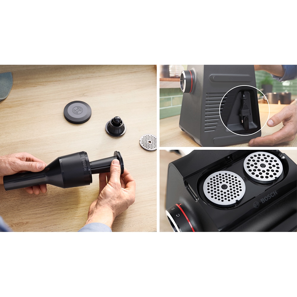 Masina de tocat carne BOSCH Seria 6 MultiPower MFWS640B, 3.5kg/min, 2100W, accesoriu carnati, negru-argintiu
