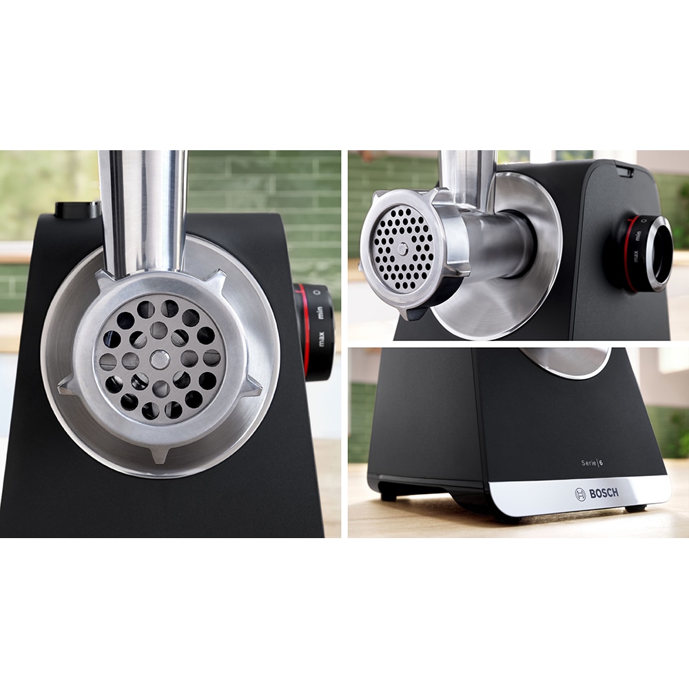 Masina de tocat carne BOSCH Seria 6 MultiPower MFWS640B, 3.5kg/min, 2100W, accesoriu carnati, negru-argintiu