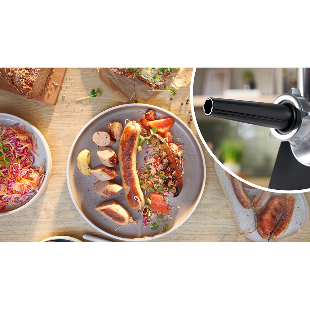 Masina de tocat carne BOSCH Seria 6 MultiPower MFWS640B, 3.5kg/min, 2100W, accesoriu carnati, negru-argintiu