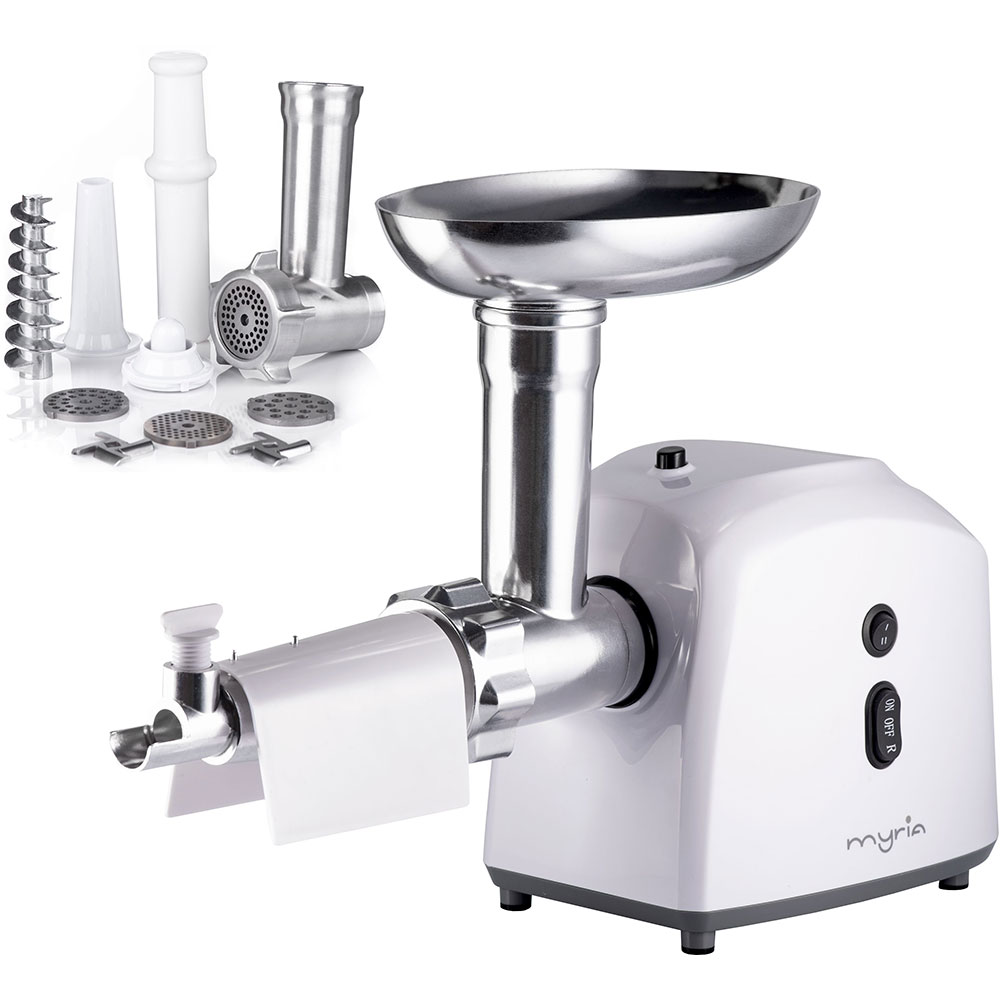 Masina de tocat carne MYRIA MY4075, 0.5kg/min, 1200W, accesoriu carnati/suc de rosii/kebbe, alb