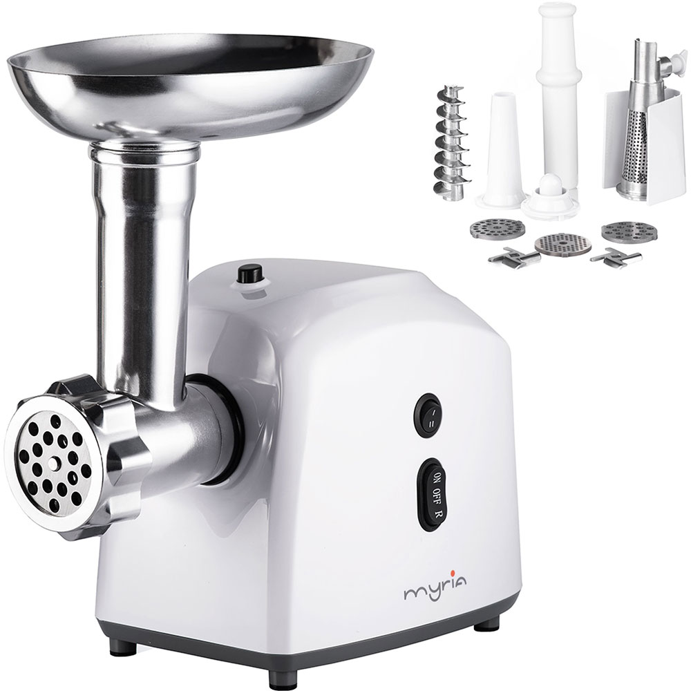 Masina de tocat carne MYRIA MY4075, 0.5kg/min, 1200W, accesoriu carnati/suc de rosii/kebbe, alb