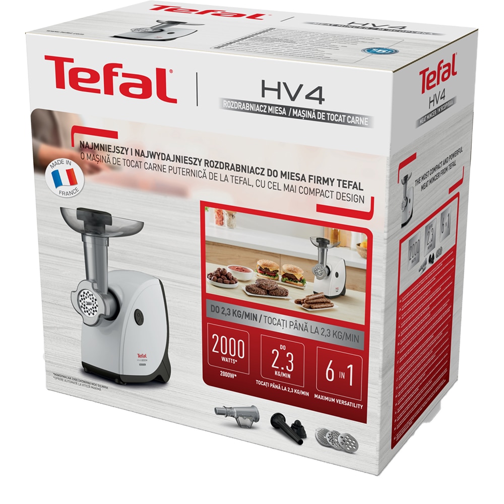 Masina de tocat carne TEFAL NE463138, 2.3kg/min, 2000W, accesoriu carnati/suc de rosii/kebbe, alb-negru