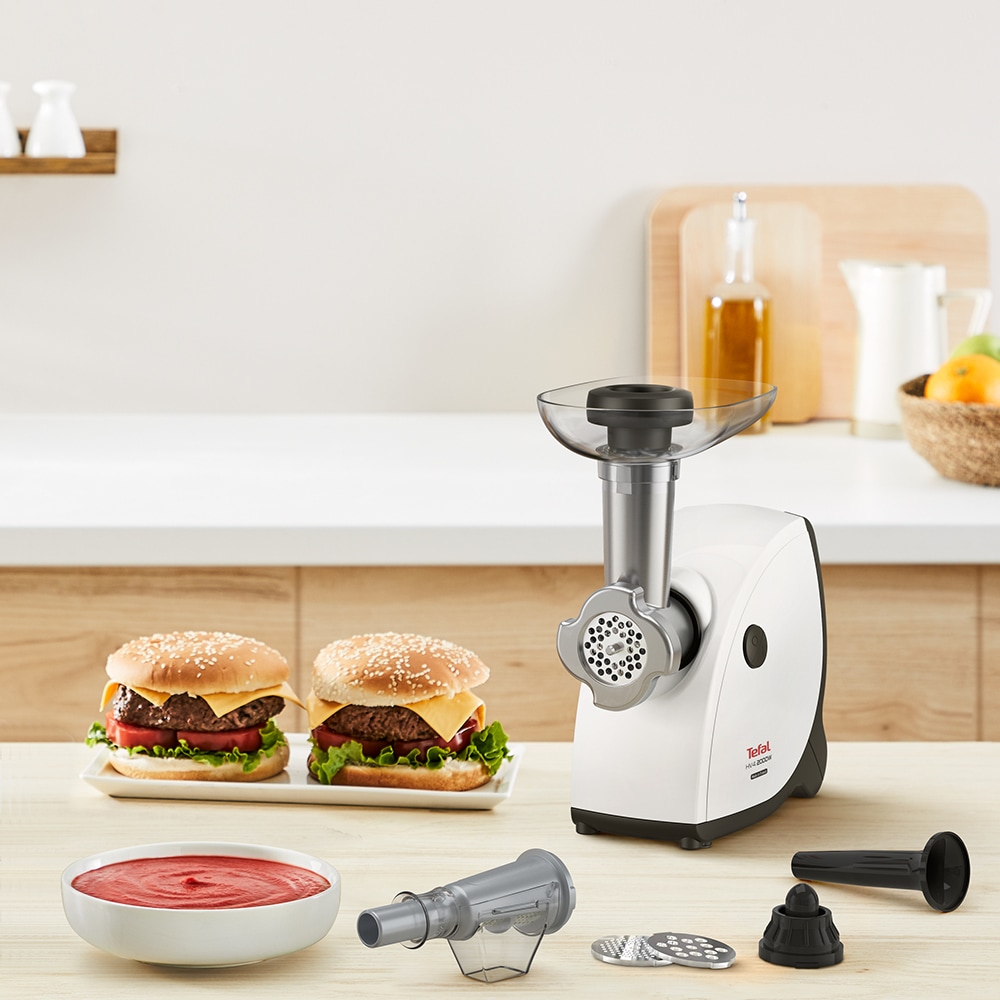 Masina de tocat carne TEFAL NE463138, 2.3kg/min, 2000W, accesoriu carnati/suc de rosii/kebbe, alb-negru