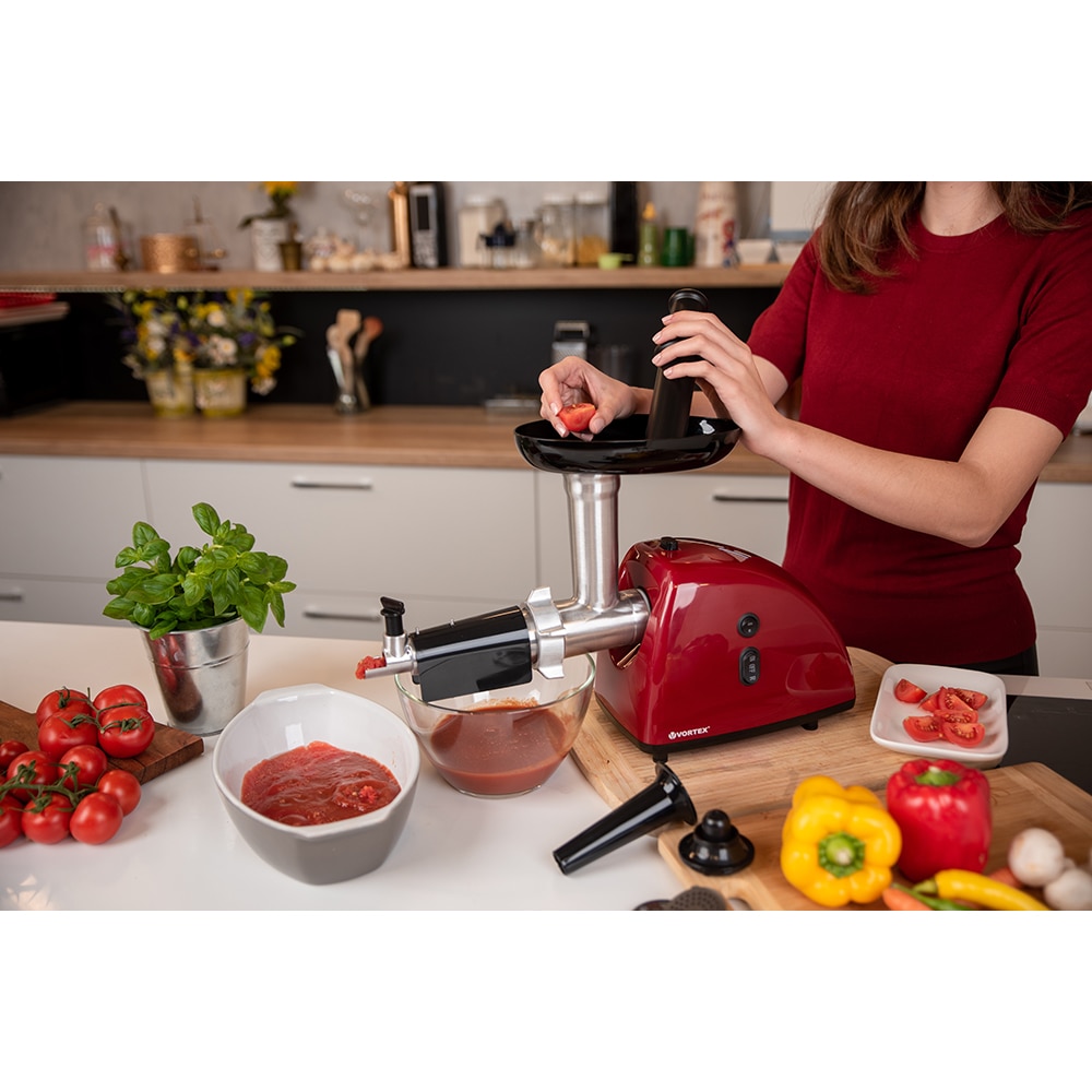 Masina de tocat carne VORTEX VO4018RD, 1kg/min, 1600W, accesoriu suc de rosii/carnati, rosu-negru