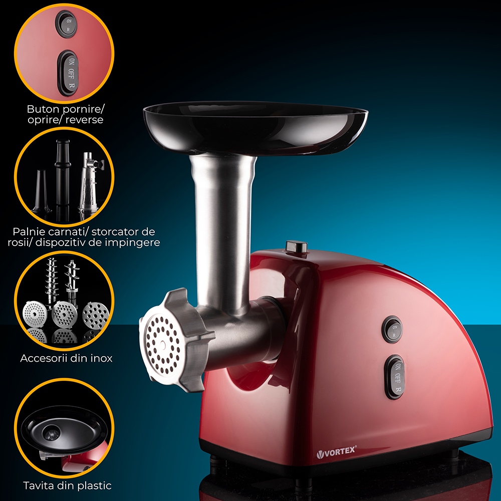 Masina de tocat carne VORTEX VO4018RD, 1kg/min, 1600W, accesoriu suc de rosii/carnati, rosu-negru