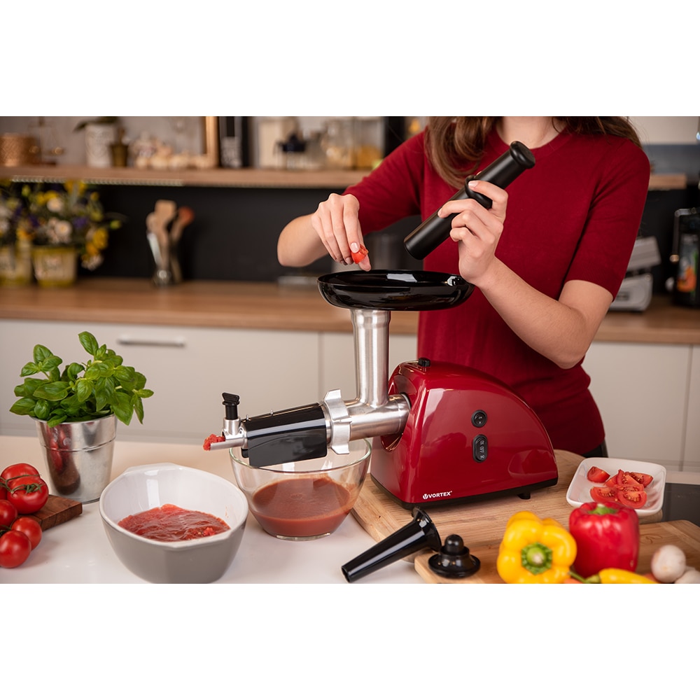Masina de tocat carne VORTEX VO4018RD, 1kg/min, 1600W, accesoriu suc de rosii/carnati, rosu-negru