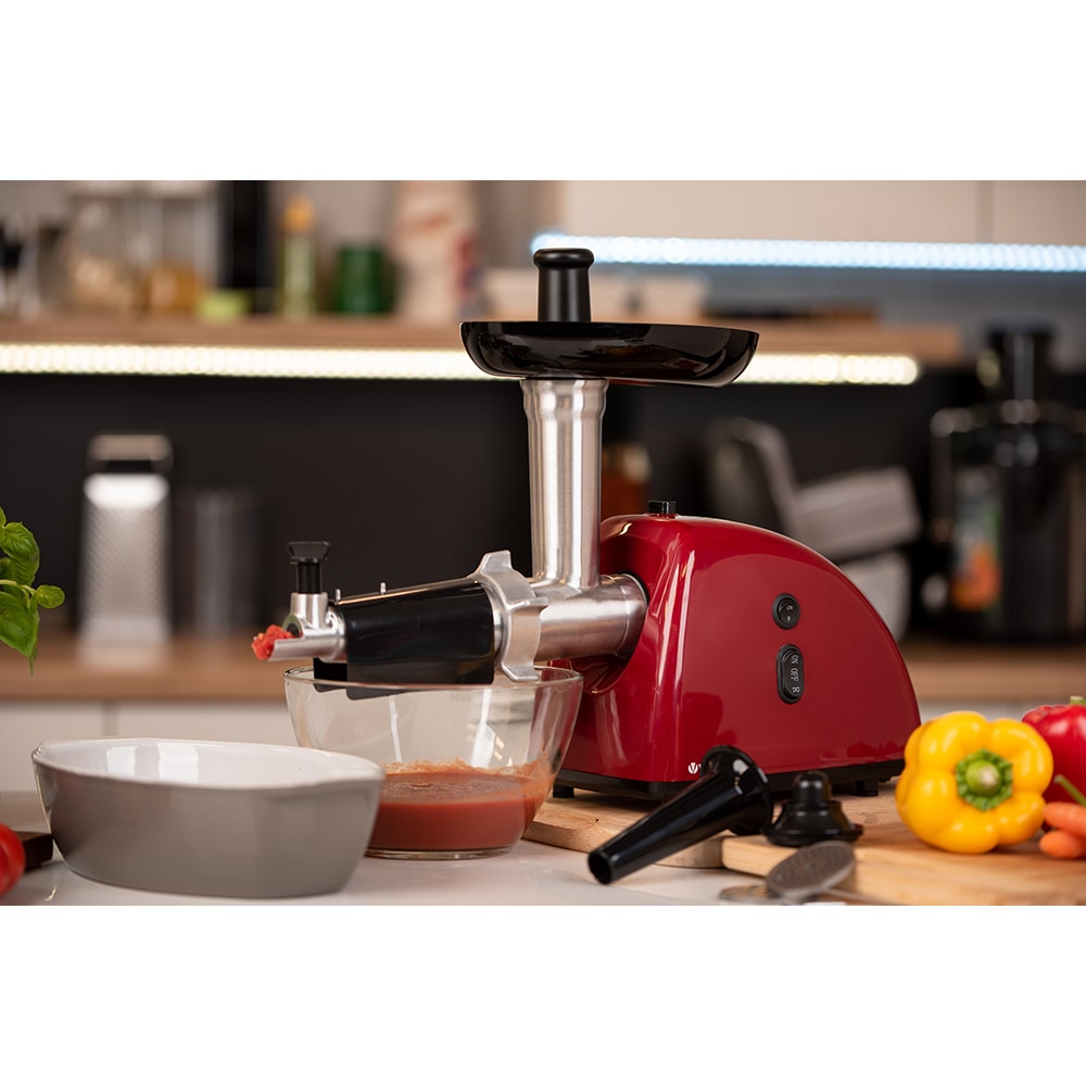 Masina de tocat carne VORTEX VO4018RD, 1kg/min, 1600W, accesoriu suc de rosii/carnati, rosu-negru