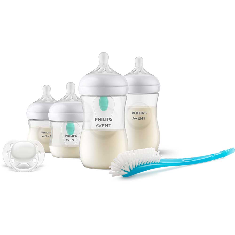 Set PHILIPS AVENT Natural Response SCD657/11: 2 biberoane 125ml + 2 biberoane 260ml + 2 dispozitive AirFree + suzeta + perie biberon, flux lent, 0 luni+, multicolor