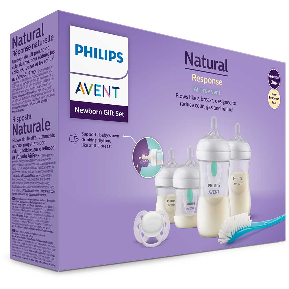Set PHILIPS AVENT Natural Response SCD657/11: 2 biberoane 125ml + 2 biberoane 260ml + 2 dispozitive AirFree + suzeta + perie biberon, flux lent, 0 luni+, multicolor