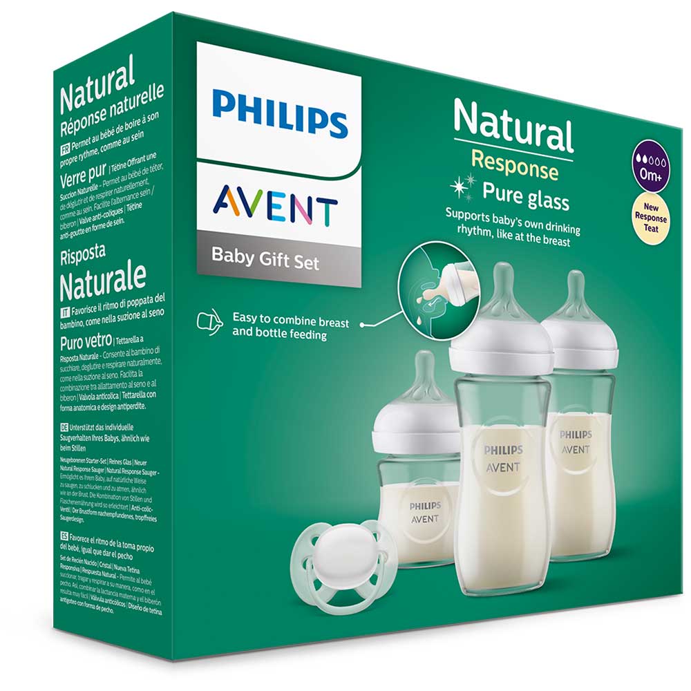 Set PHILIPS AVENT Natural Response SCD878/11: biberon 120ml + 2 biberoane 240ml + suzeta, flux lent, 0 luni+, multicolor