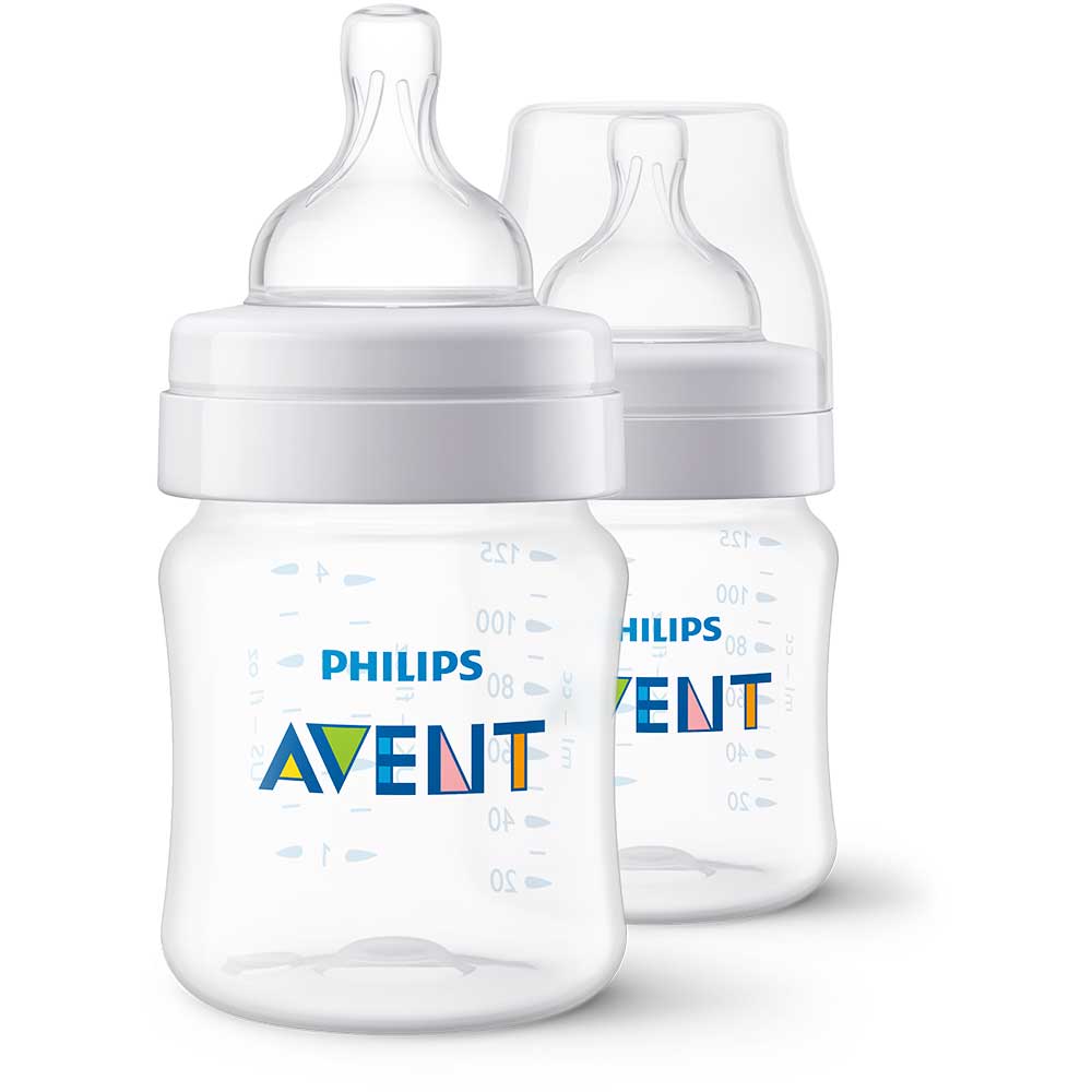 Set 2 biberoane anticolici PHILIPS AVENT SCY100/02, flux nou-nascut, 0 luni+, 125ml, alb-transparent