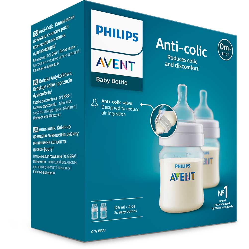 Set 2 biberoane anticolici PHILIPS AVENT SCY100/02, flux nou-nascut, 0 luni+, 125ml, alb-transparent