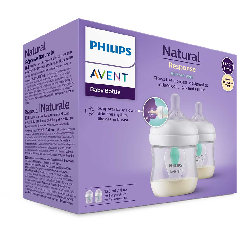 Set 2 biberoane cu dispozitiv anticolici PHILIPS AVENT Natural Response AirFree SCY670/02, flux nou-nascut, 0 luni+, 125ml, alb-verde