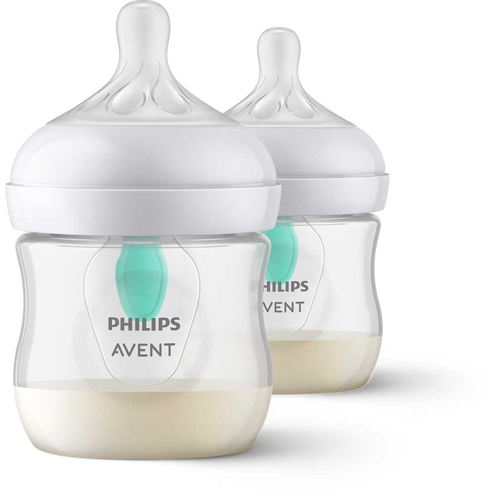 Set 2 biberoane cu dispozitiv anticolici PHILIPS AVENT Natural Response AirFree SCY670/02, flux nou-nascut, 0 luni+, 125ml, alb-verde