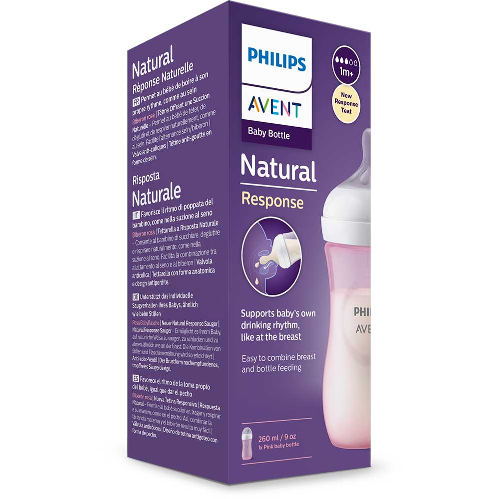 Biberon PHILIPS AVENT Natural Response SCY903/11, flux mediu,1 luna+, 260ml, roz-alb
