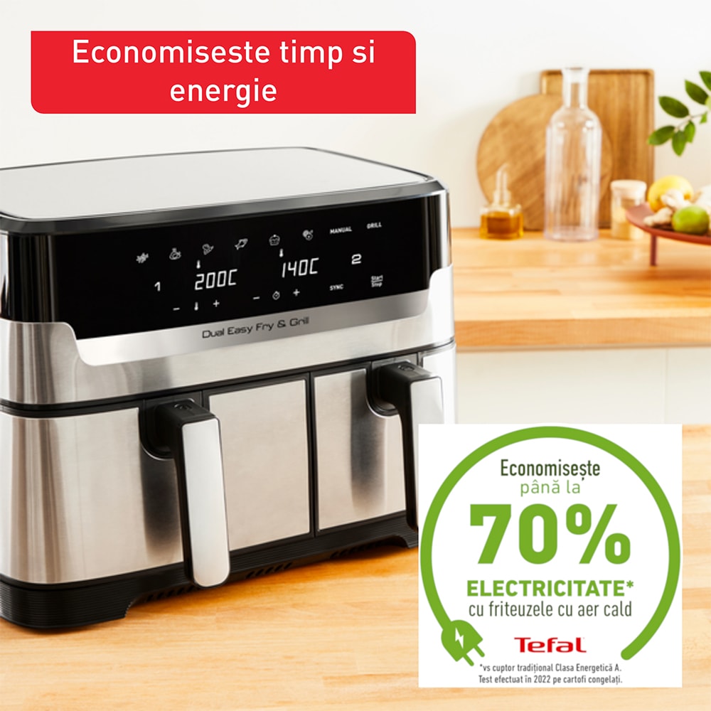 Friteuza cu aer cald dubla TEFAL Easy Fry&Gril EY905D10, 2.4kg, 8.3l, 2700W, negru-argintiu
