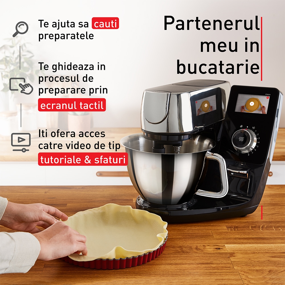 Robot de bucatarie TEFAL I-Coach Touch QB951838, vas 5.5l, 1200W, 10 trepte viteza, negru-argintiu