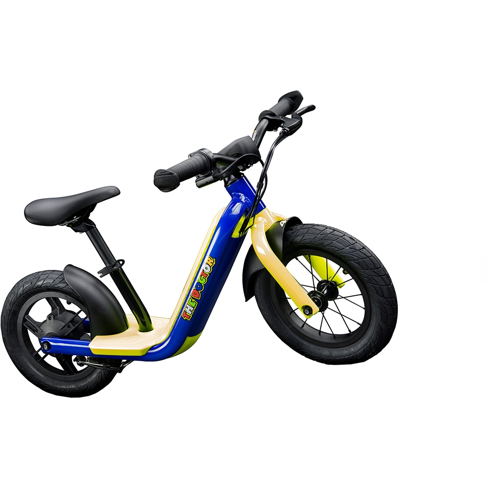 Bicicleta asistata electric fara pedale VR46 Motorbike, roata 12", motor 150W, viteza max 12 Km/h, albastru-galben