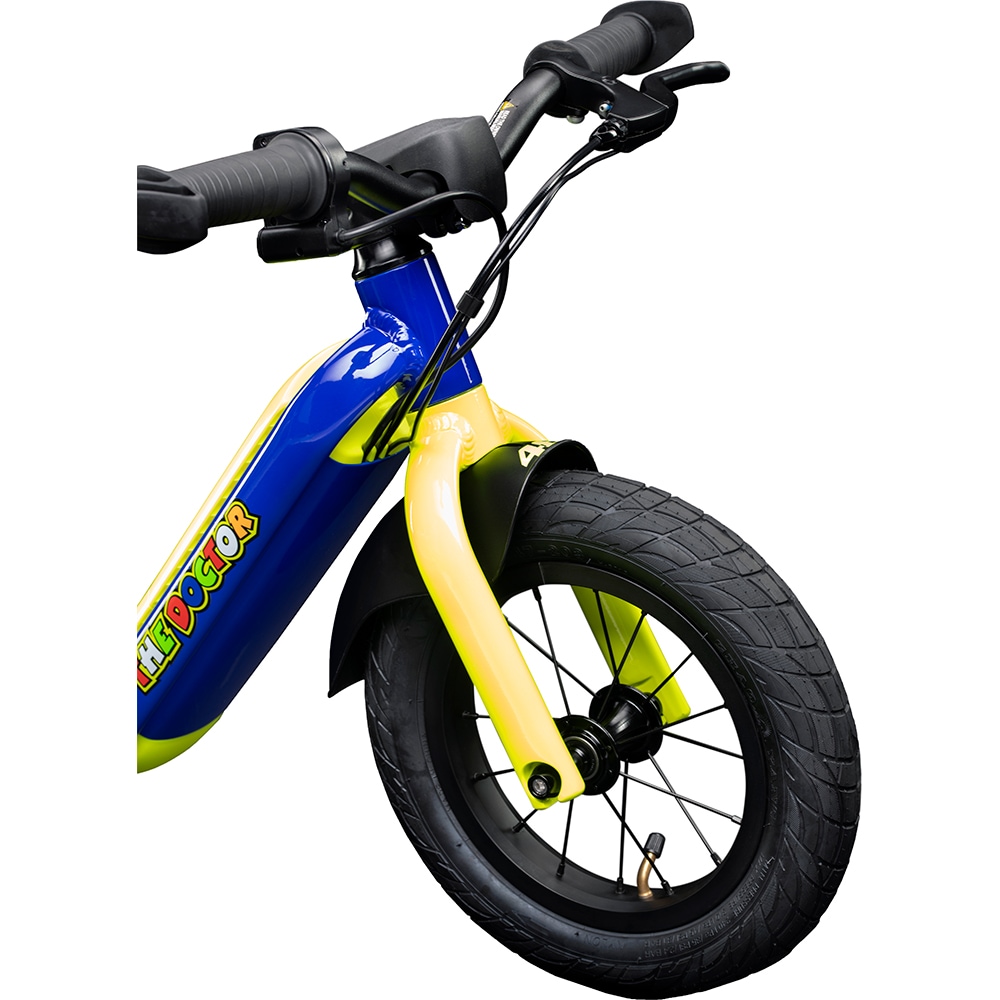 Bicicleta asistata electric fara pedale VR46 Motorbike, roata 12", motor 150W, viteza max 12 Km/h, albastru-galben