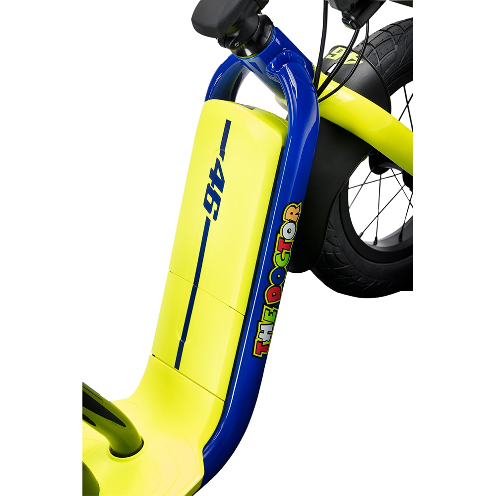 Bicicleta asistata electric fara pedale VR46 Motorbike, roata 12", motor 150W, viteza max 12 Km/h, albastru-galben