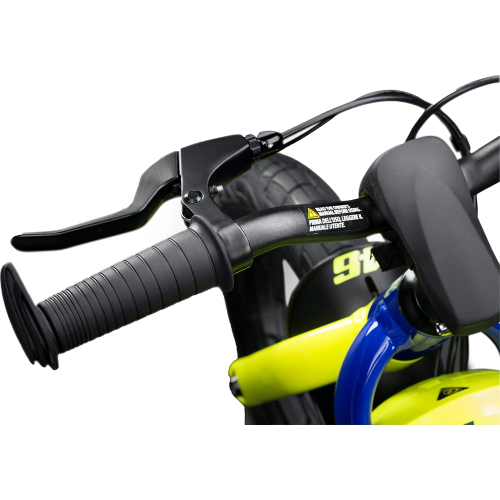 Bicicleta asistata electric fara pedale VR46 Motorbike, roata 12", motor 150W, viteza max 12 Km/h, albastru-galben