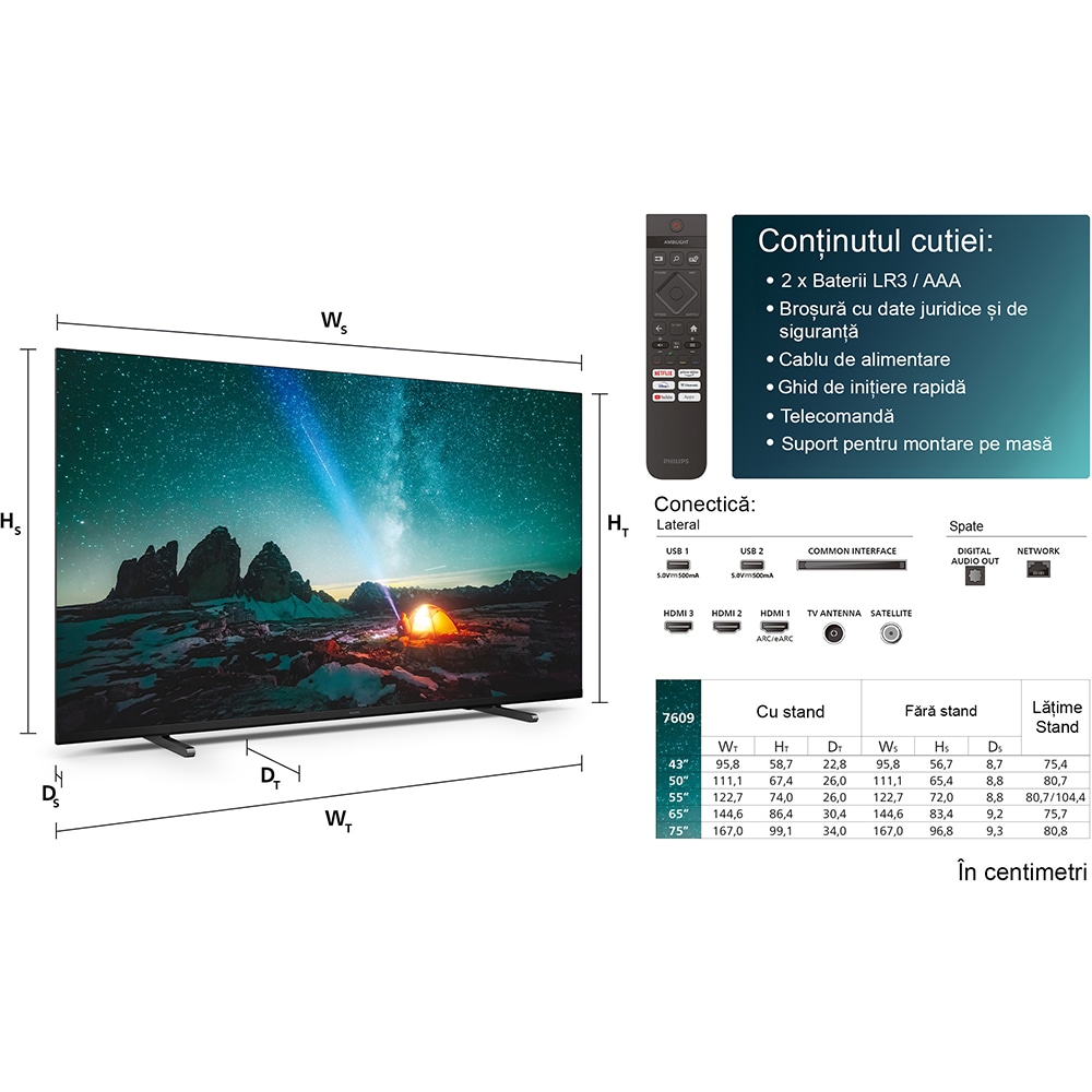 Televizor LED Smart PHILIPS 65PUS7609, Ultra HD 4K, HDR10+, 164cm
