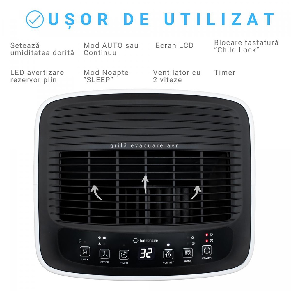 Dezumidificator aer Turbionaire SENSO 12, 12l/zi, 185W, 36dB, 120 m/h, Timer, alb