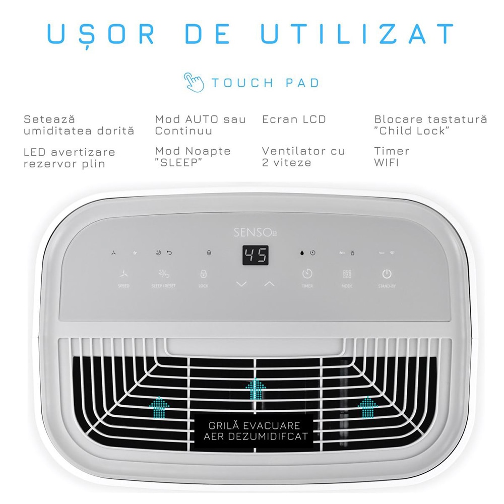 Dezumidificator aer Turbionaire SENSO 25, 25l/zi, 250W, Wi-Fi, 45dB, 180 m/h, Timer, alb
