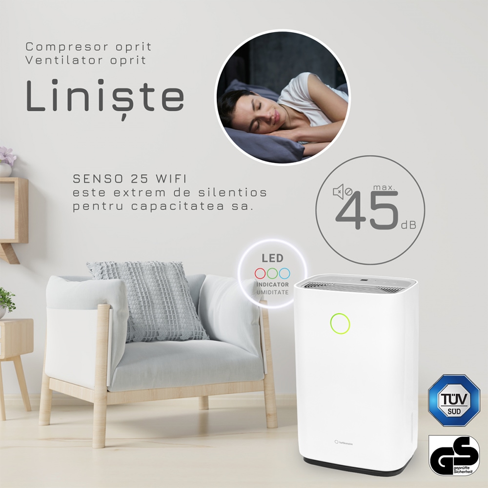 Dezumidificator aer Turbionaire SENSO 25, 25l/zi, 250W, Wi-Fi, 45dB, 180 m/h, Timer, alb