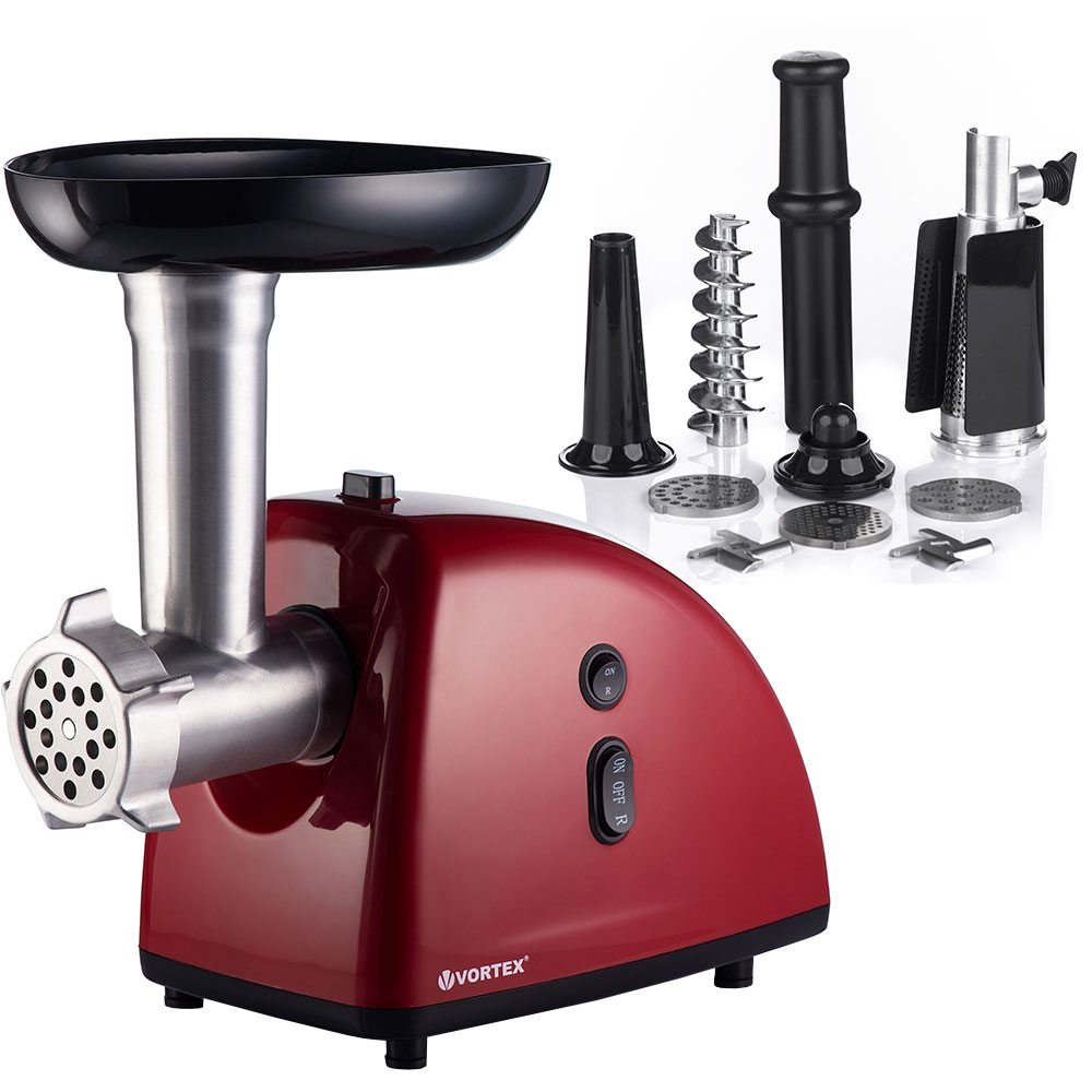Masina de tocat carne VORTEX VO4018RD, 1kg/min, 1600W, accesoriu suc de rosii/carnati, rosu-negru