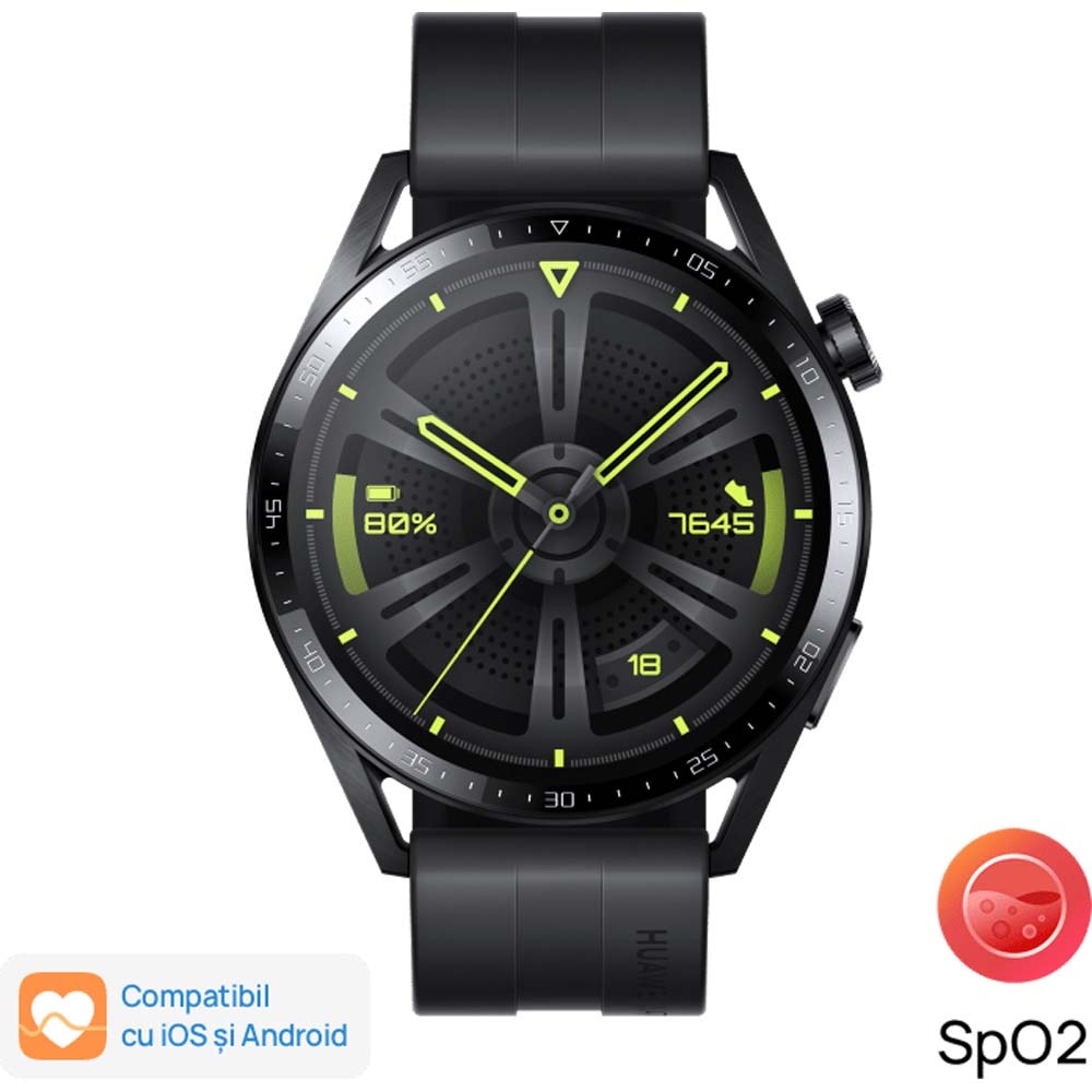 Smartwatch HUAWEI Watch GT 3 46mm Active Edition, Android/iOS, Black /  Black Fluor elastomer Strap