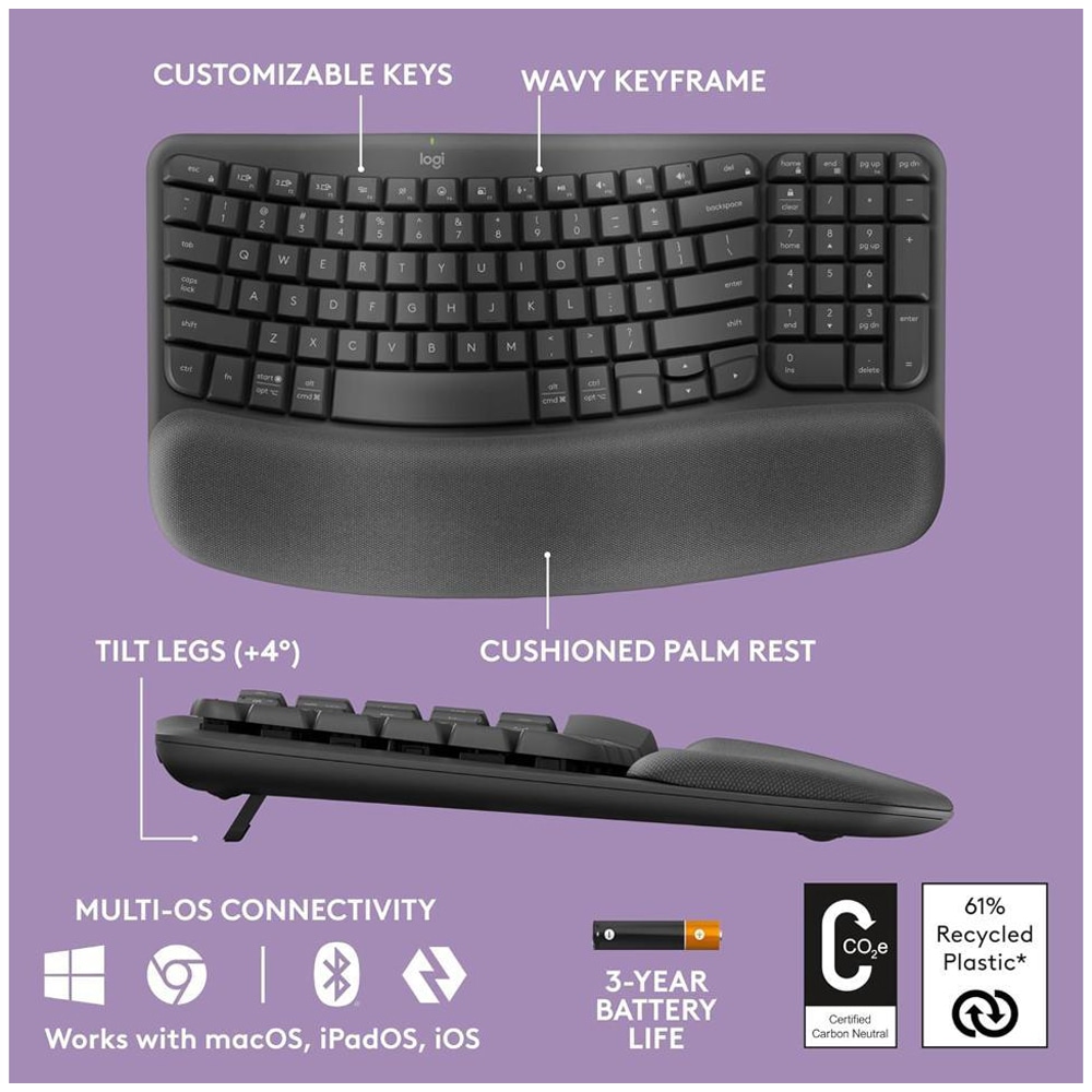 Tastatura wireless LOGITECH Wave Keys, Bluetooth, USB, Layout US INT, grafit