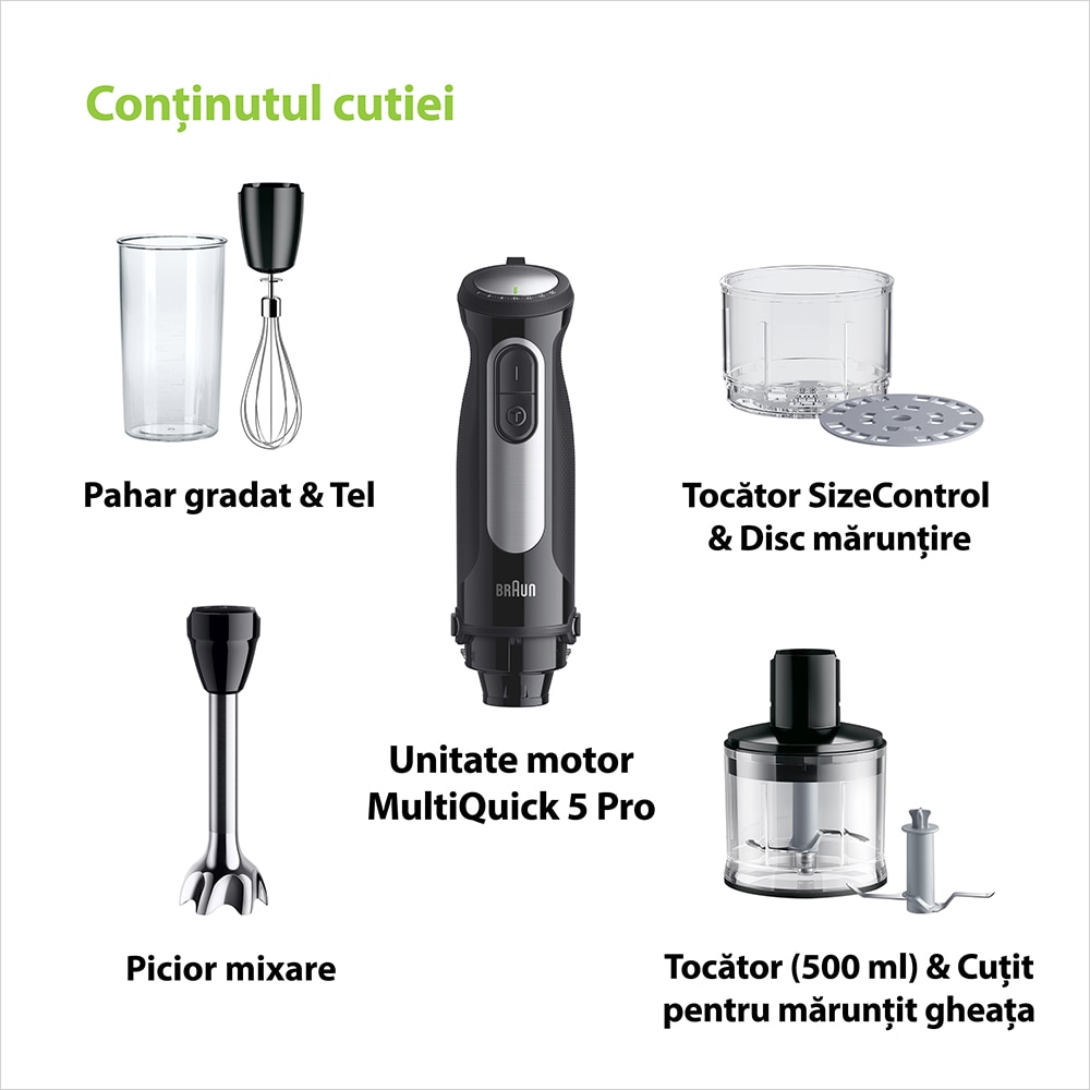 Mixer vertical BRAUN MultiQuick 5 Pro MQ55254M, 0.6l, 1000W, 25 trepte viteza, negru-argintiu