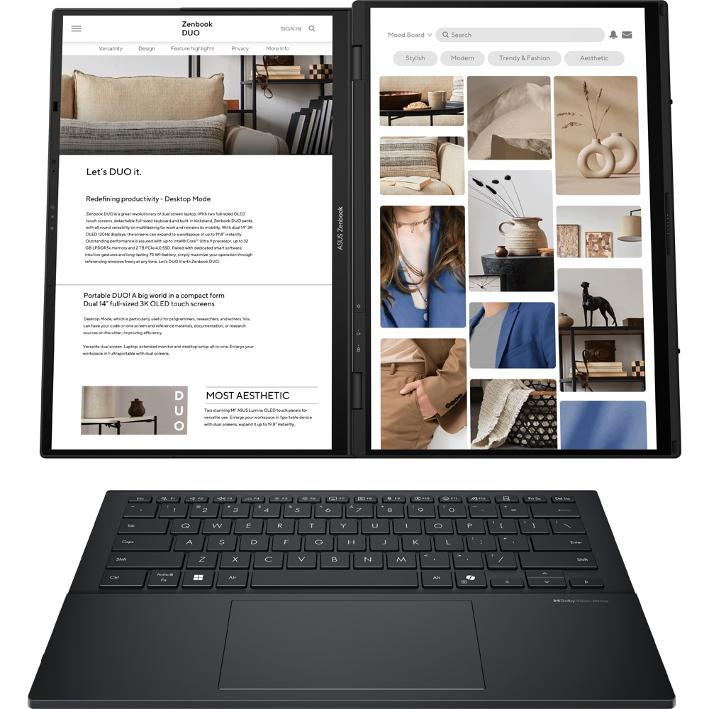 Laptop ASUS Zenbook Duo OLED UX8406CA-PZ166X, Intel Core Ultra 9 285H pana la 5.4GHz, 14" 3K Touch, 32GB, SSD 1TB, Intel Arc Graphics, Windows 11 Pro, Inkwell Gray