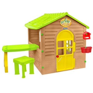 Casuta de joaca,  Mochtoys  Garden Housecu usa functionala, masuta si scaunel, maro-verde