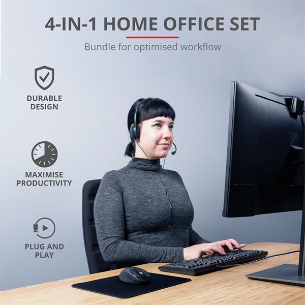 Kit 4 in 1 TRUST Primo Home Office 24260, tastatura, mouse, casti, mousepad, negru