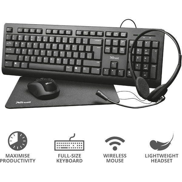 Kit 4 in 1 TRUST Primo Home Office 24260, tastatura, mouse, casti, mousepad, negru