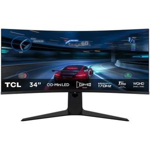 Monitor curbat Mini LED Fast HVA TCL 34R83Q, 34", WQHD, 170Hz, FreeSync Premium, HDR, boxe, alb-negru