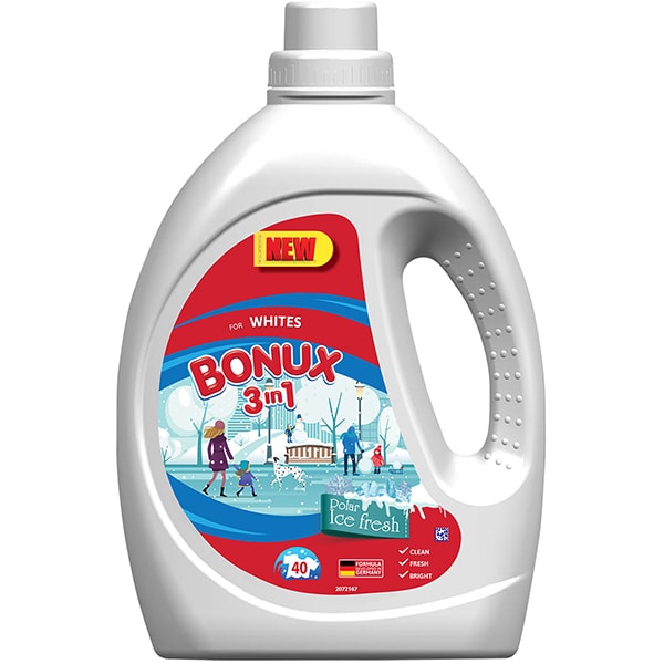 Detergent lichid BONUX 3IN1 White Polar Ice Fresh, 2.2L, 40 spalari